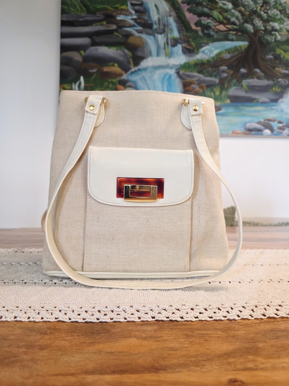 Vintage 90s Veneto Cream & Beige Canvas Shoulder Bag - Tortoiseshell Lock Accent